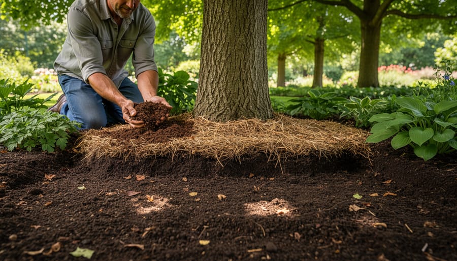 Hands mixing compost into soil in a shaded garden bed under a tree with mulch and hostas blurred in the background.