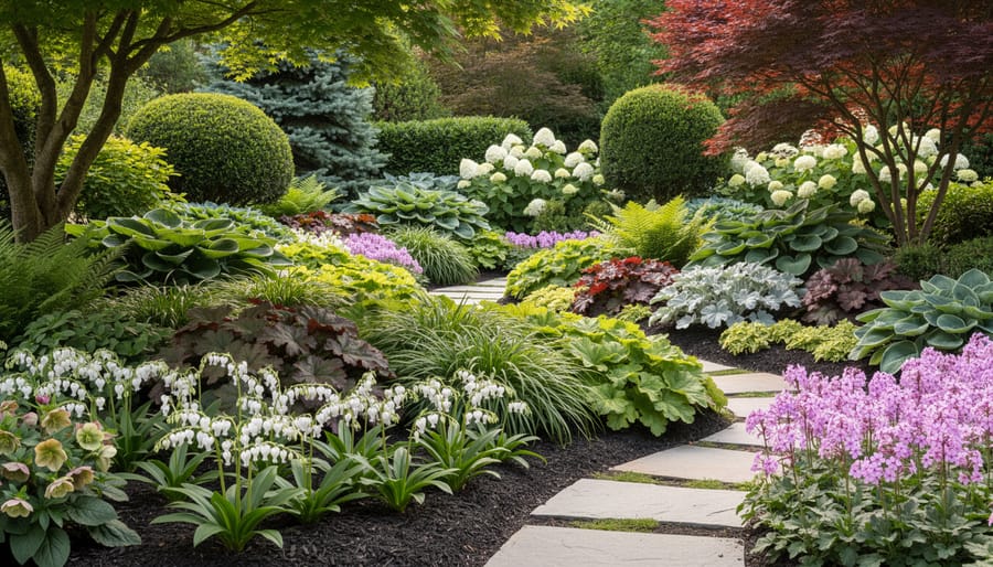 Layered shade plants including hellebores, astilbe, and hostas arranged along a mulched garden bed with natural stone edging.