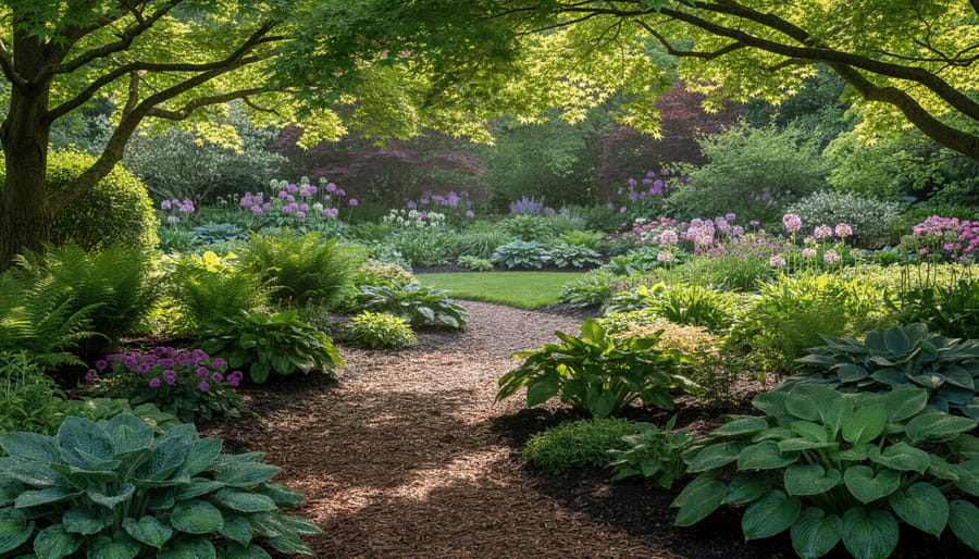Dappled light from mature shade trees falls on a garden bed with mulch, showing how shade patterns guide plant placement.