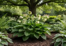 Layered shade garden with hostas, hellebores, and ferns growing under a tree in soft dappled light.