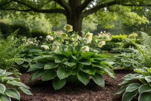 Layered shade garden with hostas, hellebores, and ferns growing under a tree in soft dappled light.