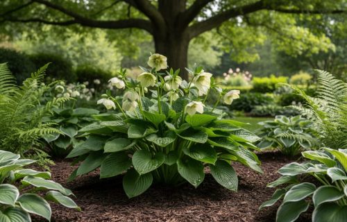 Layered shade garden with hostas, hellebores, and ferns growing under a tree in soft dappled light.