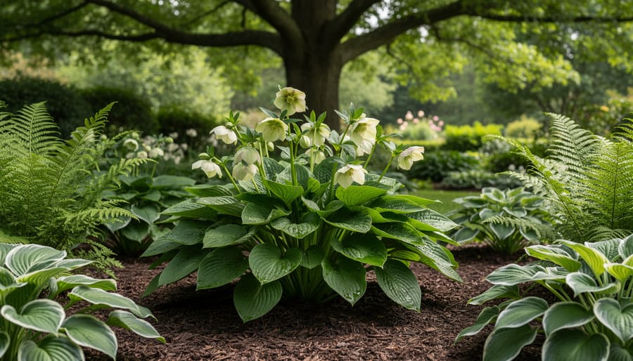 Layered shade garden with hostas, hellebores, and ferns growing under a tree in soft dappled light.